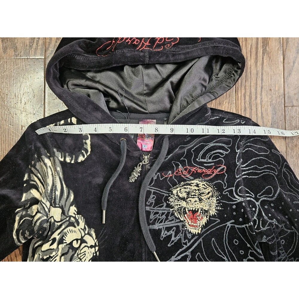 Rare Vtg Ed Hardy Velour Black Christian Audigier Tiger Zip Up Hoodie Sz XS Y2K - Picture 6 of 14